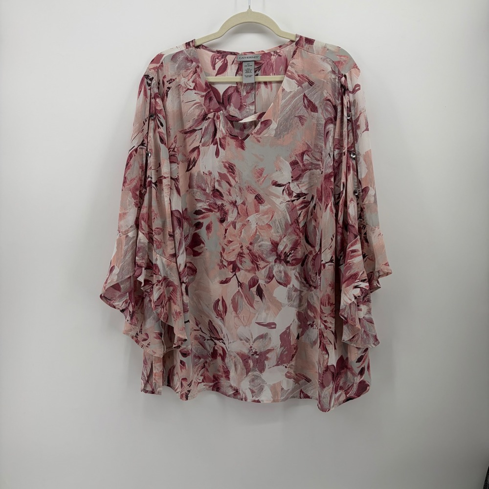 Catherines Womens 2X Pink Floral Blouse Split Ruffle Sleeve Rhinestone Accent